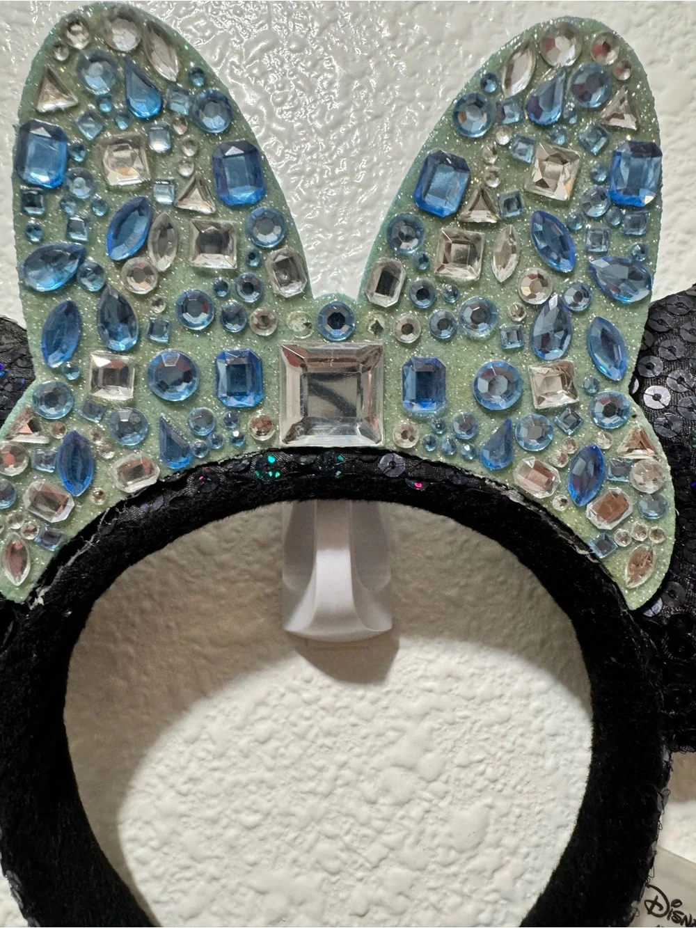 Disney 60th Anniversary Black Sequin Minnie Ears Headband with Blue Jeweled Bow